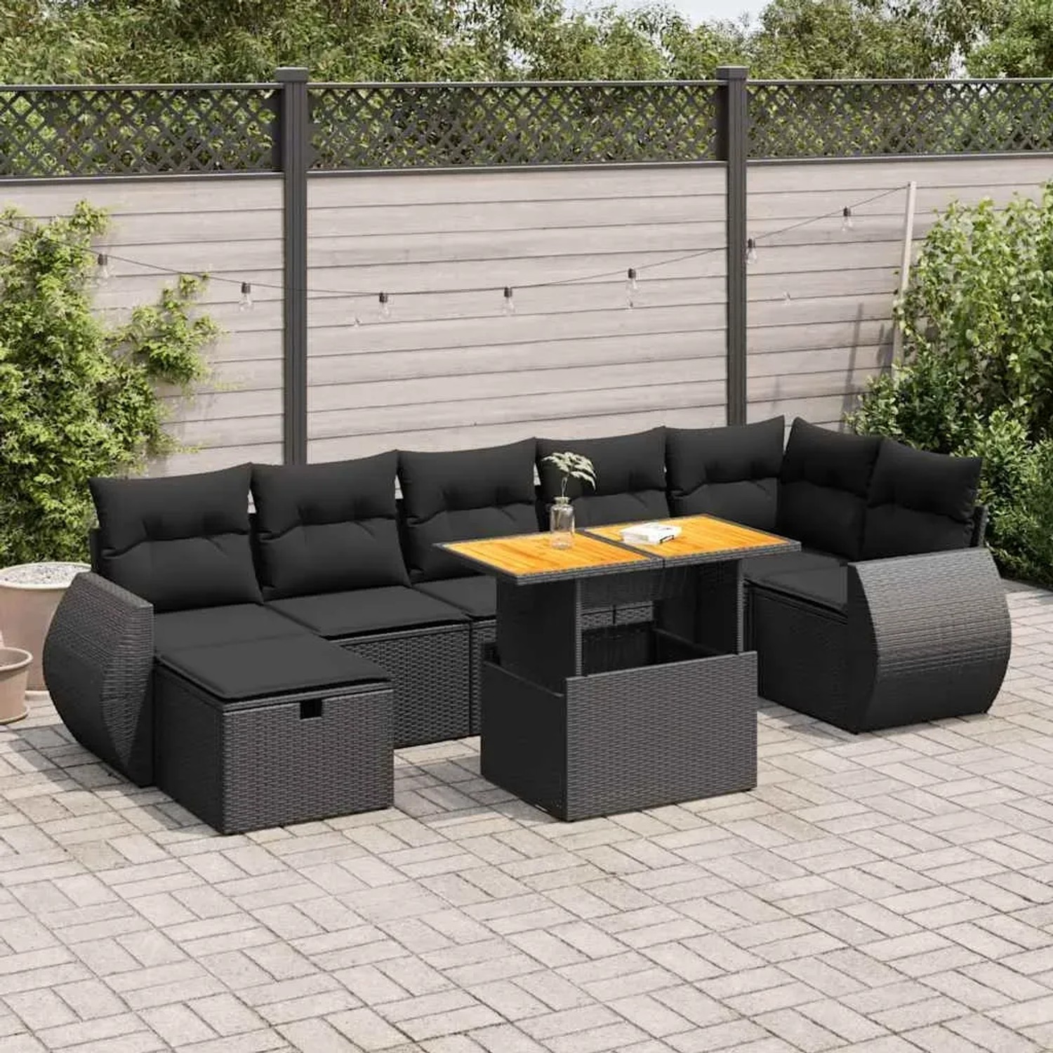 Schwarze 5-tlg. vidaXL Garten-Sofagarnitur aus Polyrattan mit Akazientisch und Kissen.