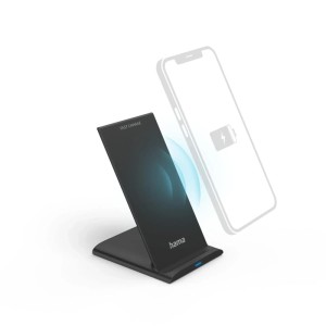 Schwarzes Hama QI-FC10S Wireless Charger Ladepad mit angedeutetem Smartphone.