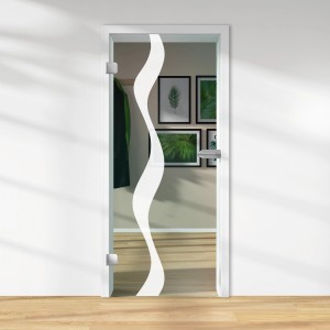 Glasdrehtür mit Lasermattierung und weißem Wellenmuster, DIN links.