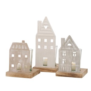 Boltze Windlicht, 3-fach sortiert, 12x8cm, in Hausform aus Holz und Glas für gemütliche Lichtakzente.