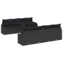 Schwarzes 9-teiliges Garten-Sofa-Set aus Poly Rattan mit Tisch und Auflagen.