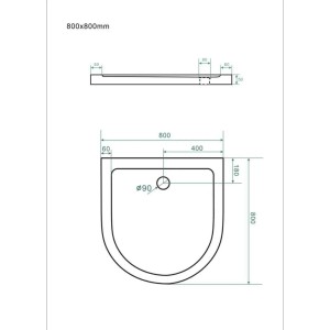 Technische Zeichnung einer halbrunden Duschtasse 80x80 cm mit Maßangaben.
