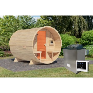 Karibu Fass-Sauna 2 Set naturbelassen mit Ofen und externer Steuerung im Garten.