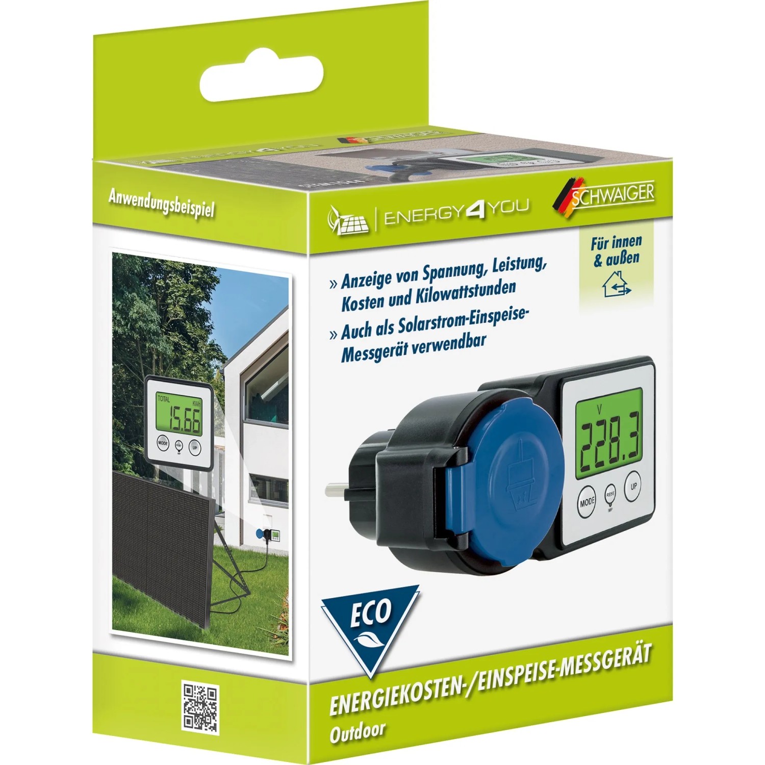 Schwaiger Energiekostenmessgerät STEM1044 für Balkonkraftwerke mit Display in Verpackung.