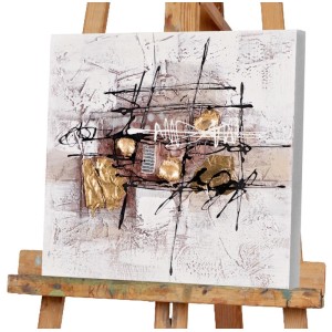 Modernes Art Universe Leinwandbild 40x40 cm mit abstrakten Gold-Muscheln, Schwarz & Weiß auf Staffelei.