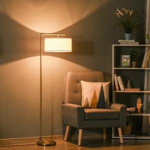 Goldene HOMCOM Stehlampe mit Leinenschirm, passend für E27 Leuchtmittel. Elegante Innenleuchte.