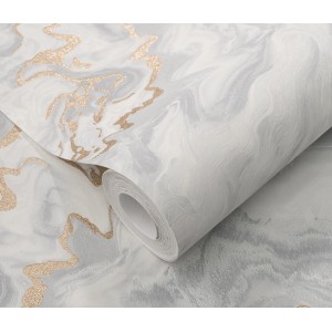 Erismann Vliestapete Elle Decoration 4 Mystic Spell hellgrau mit Marmor- und Glitzereffekten.