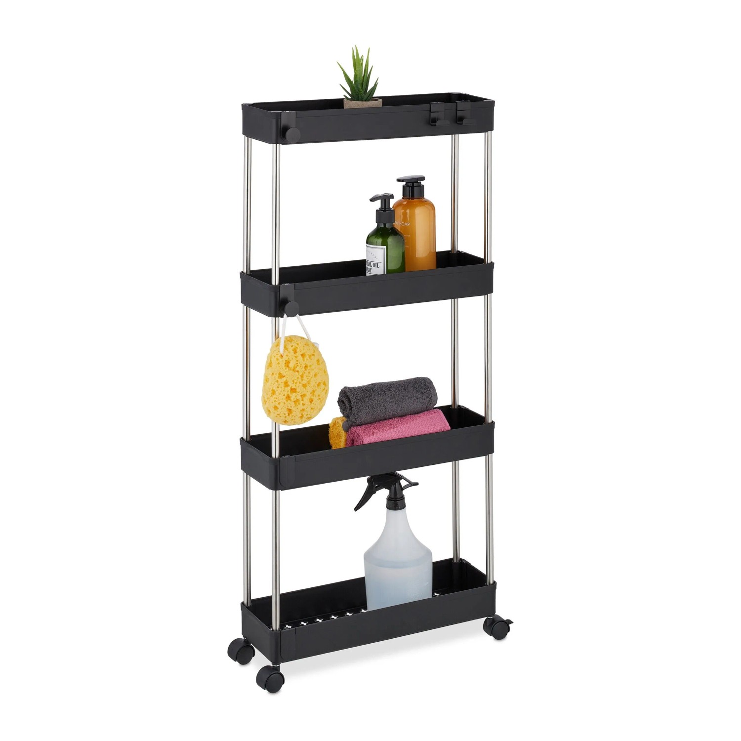Relaxdays Nischenwagen Kunststoff Edelstahl Schwarz 4 Ebenen mit Rollen 88 cm x 41,5 cm x 14,5 cm 1,1 kg