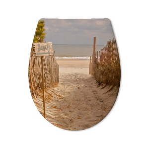 WC-Sitz mit Sandstrand Motiv. Toilettendeckel mit Absenkautomatik für entspanntes Badezimmer.