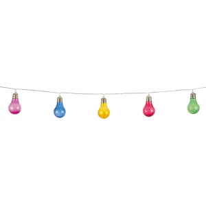 Bunte Solarlichterkette mit Glühbirnen, ideal für Garten und Balkon.
