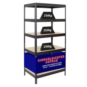 Schwarzes PROREGAL Schwerlastregal mit 5 Böden, Fachlast 250 kg, Stecksystem.