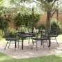 Schwarze 5-teilige vidaXL Garten Essgruppe aus Poly Rattan mit Tisch und Stühlen.