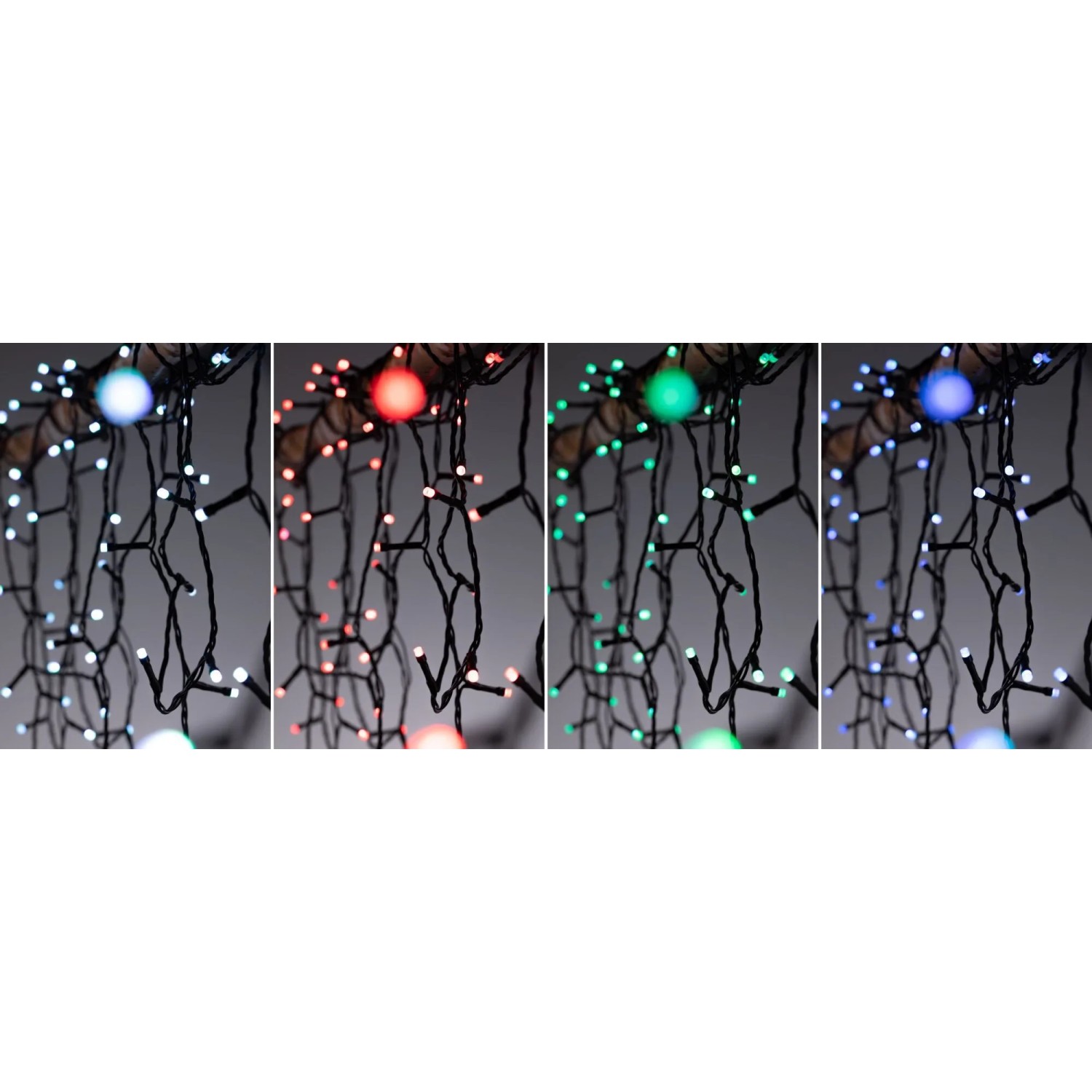 Paulmann LED-Lichterkette Yuna Plug & Shine RGB. Nahaufnahme zeigt weiße, rote, grüne, blaue Lichtfarben am schwarzen Kabel.
