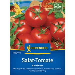 Kiepenkerl Tomaten Harzfeuer F1-Hybride: Rote, runde Salat-Tomaten auf Saatguttüte.