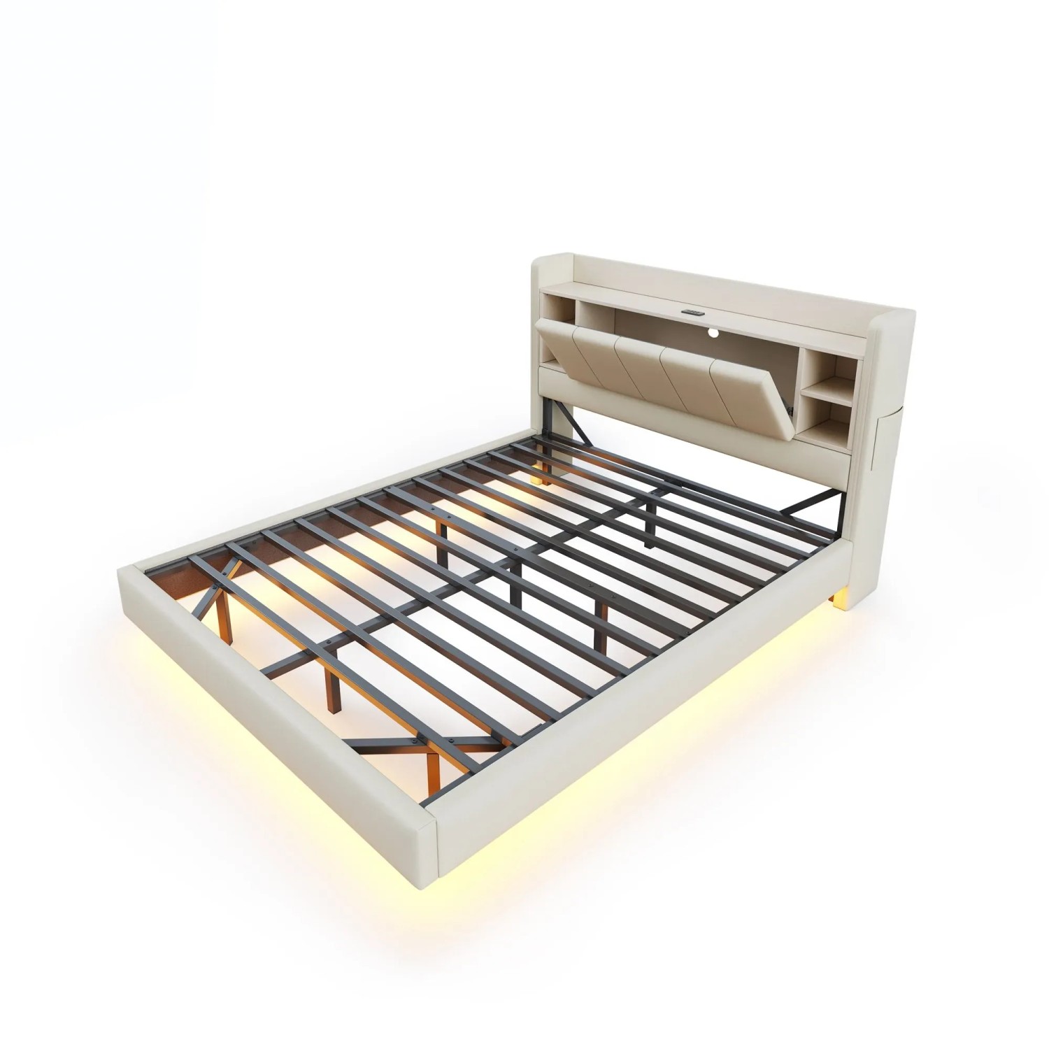 Merax Polsterbett 160x200cm USB LED Ablage Leinen Beige