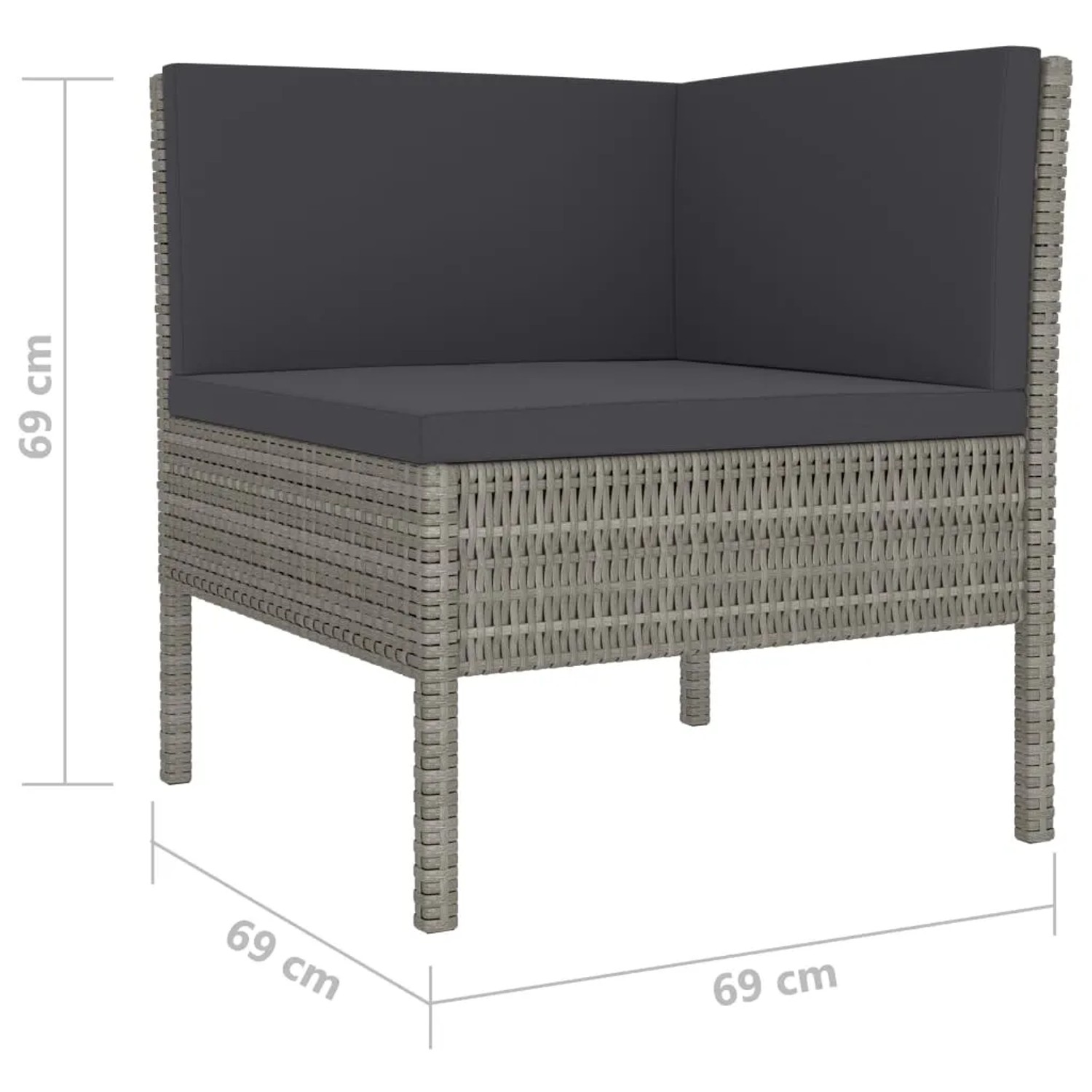 Graues vidaXL Garten Lounge Eckteil mit anthrazitfarbenen Auflagen aus Polyrattan.