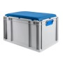 Graue Eurobox Sitzbox mit blauem Sitzkissen, 65 Liter, für Lagerung und Transport.