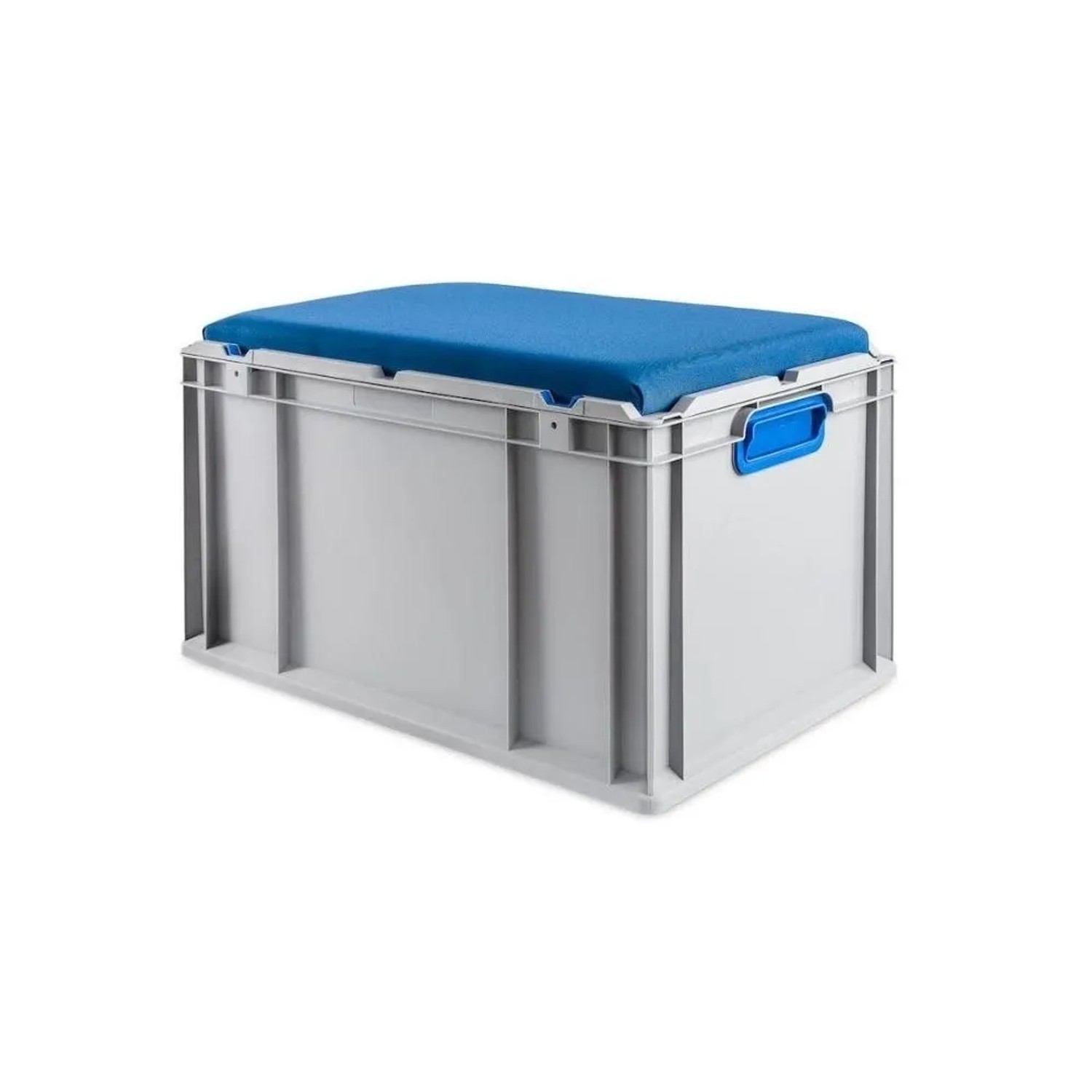 Graue Eurobox Sitzbox mit blauem Sitzkissen, 65 Liter, für Lagerung und Transport.