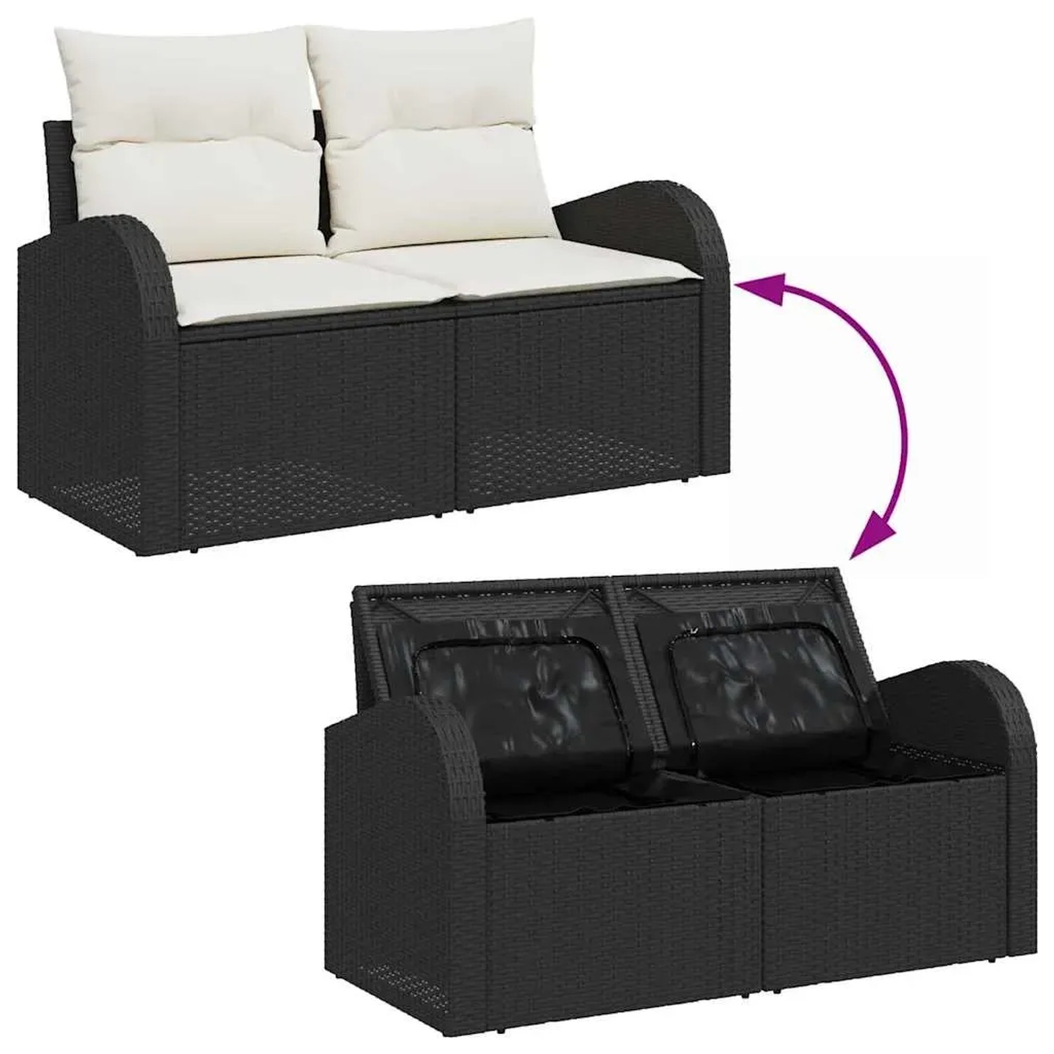 vidaXL Garten-Sofa-Set, 6-teilig, schwarz, Poly Rattan mit Stauraum und Kissen.