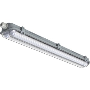 Graue LED-Feuchtraumleuchte mit zwei Röhren (je 9W) für den Einsatz in Feuchträumen.