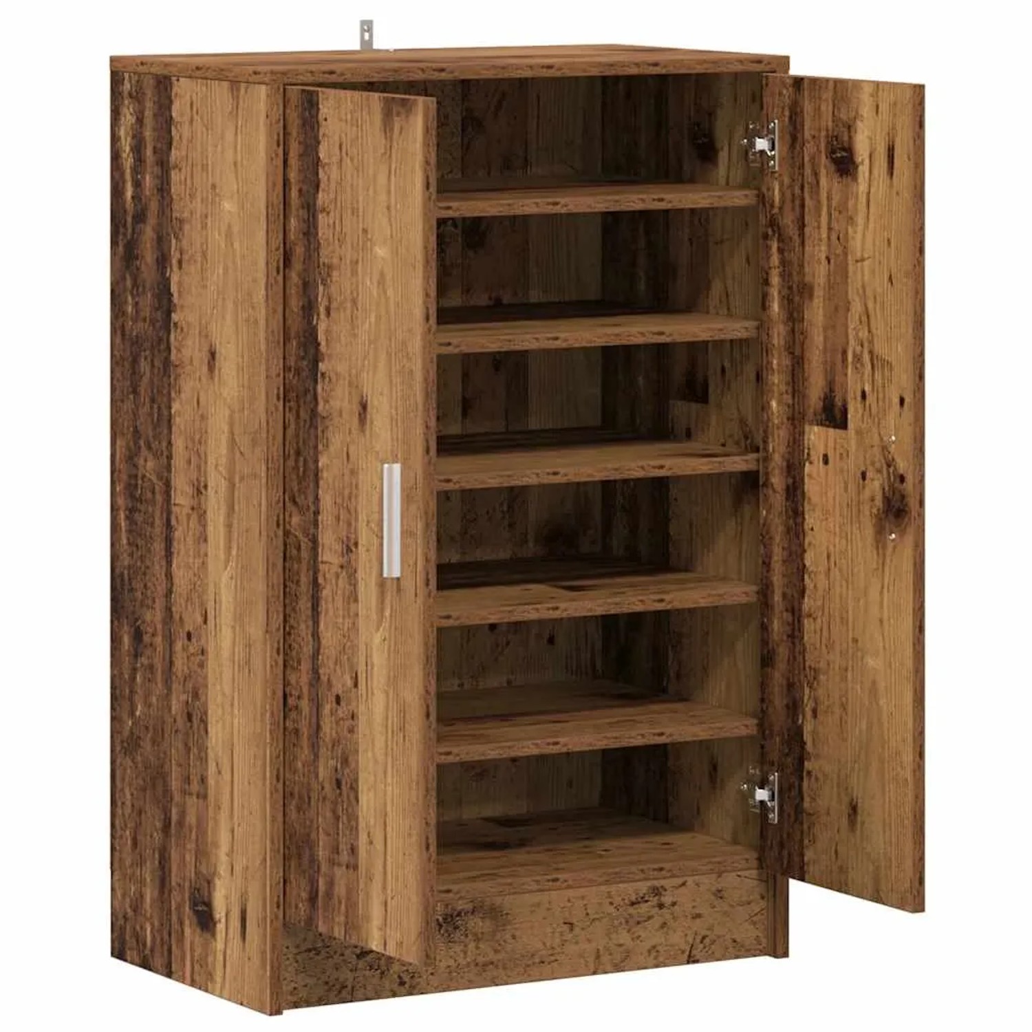 vidaXL Schuhschrank in Altholz-Optik, Holzwerkstoff, mit offenen Türen und Regalfächern.