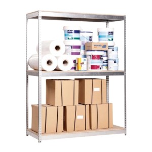 Verzinktes PROREGAL Schwerlastregal Big Wood Yeti mit Kartons, Farbrollen und Farbeimern.