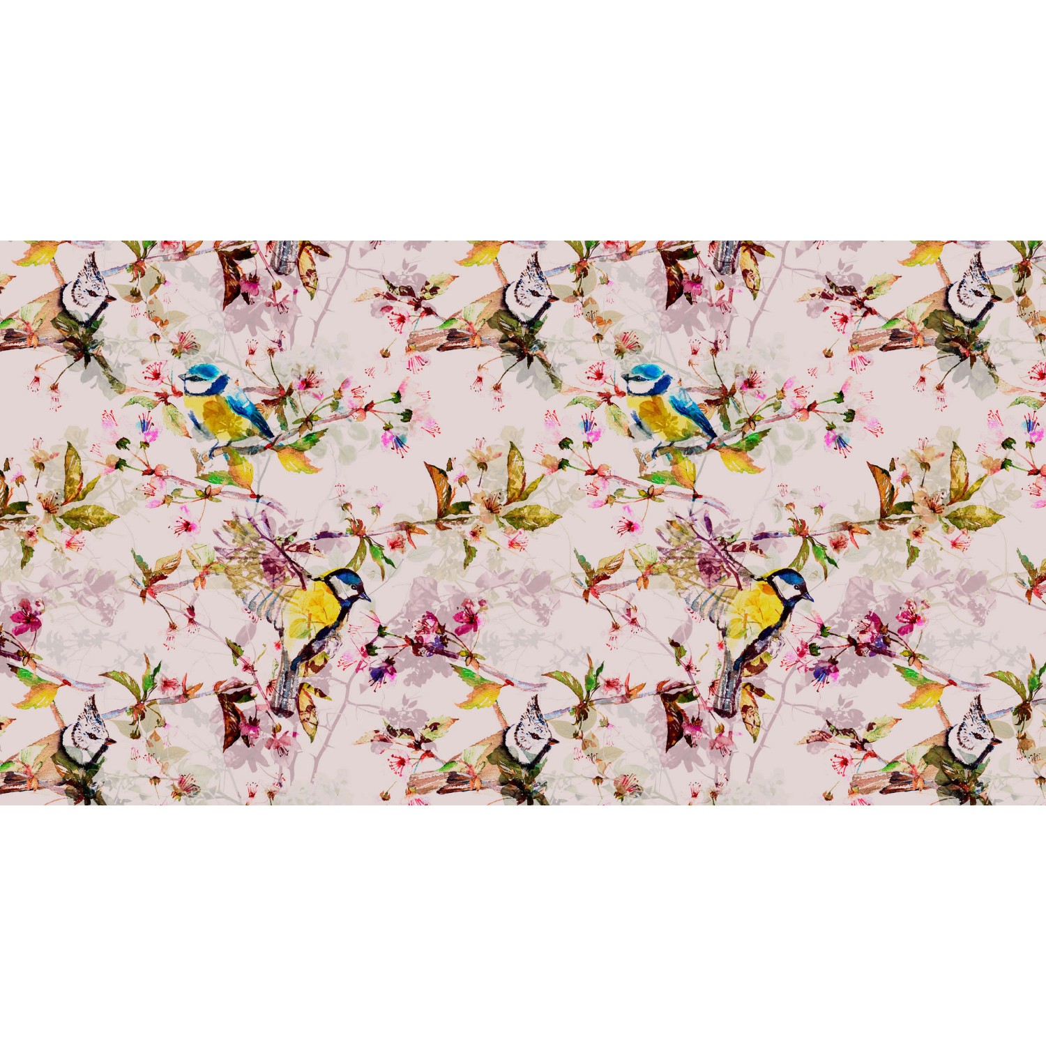 Fototapete Blumen Vögel Rosa Gelb Blau 5,00 m x 2,70 m FSC®
