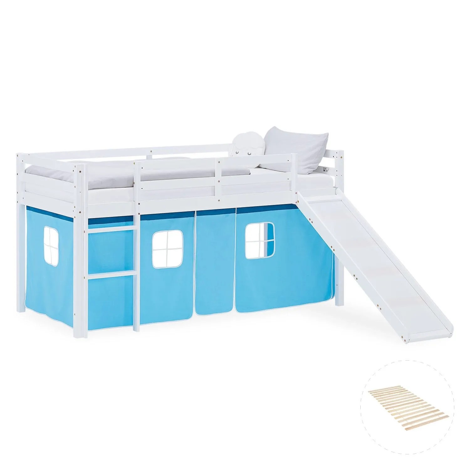Homestyle4u Kinder Hochbett 90x200 Rutsche Lattenrost Vorhang Blau Kinderbett 2992