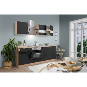 Respekta Economy Küchenzeile KB210ESSS in Schwarz und Eiche Sägerau mit E-Geräten.
