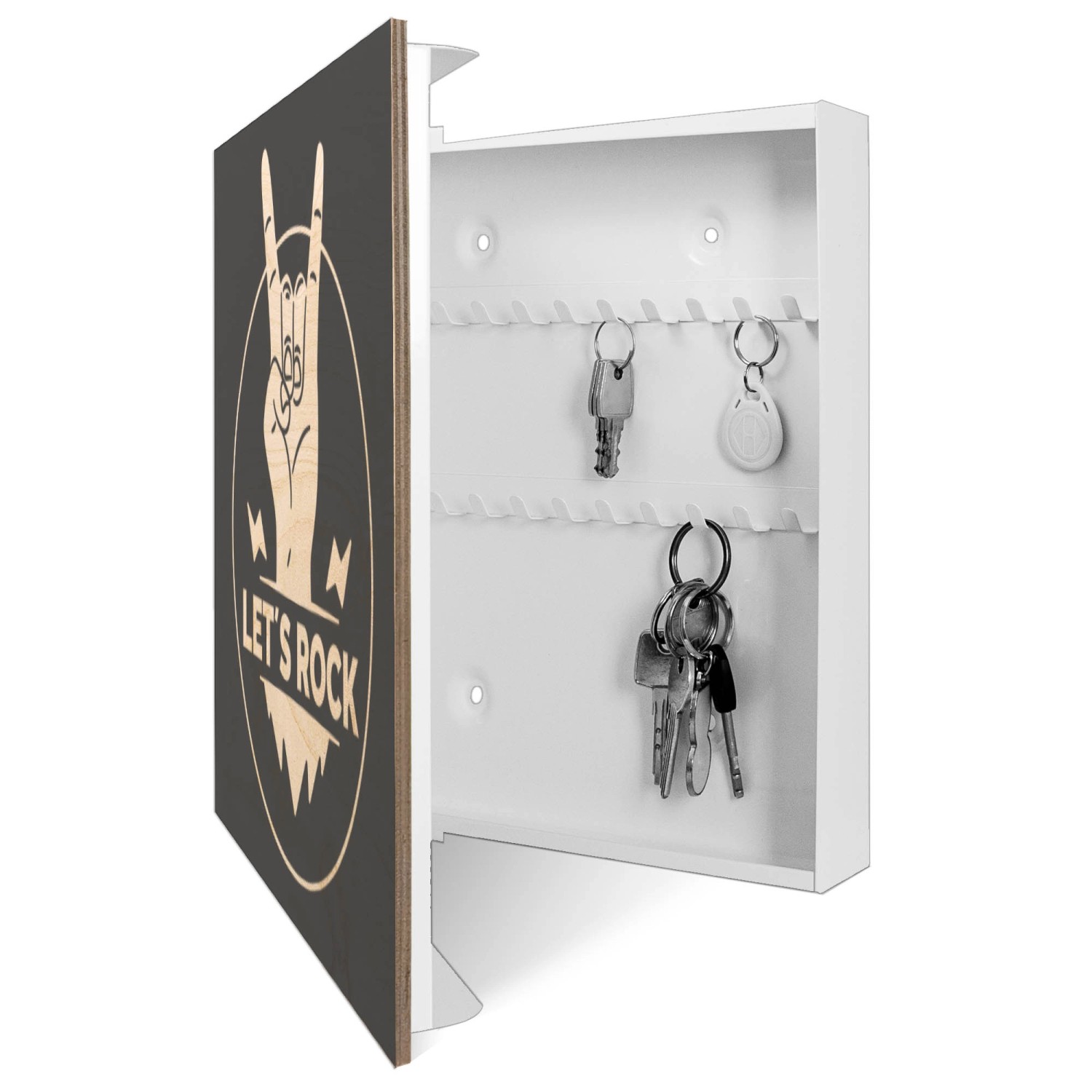 Offener, weißer Banjado Schlüsselkasten mit Holzfront (Motiv Let's Rock) und Schlüsseln an Haken.