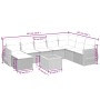 Beige 9-teilige Garten-Sofagarnitur aus Polyrattan mit Kissen und Tisch.