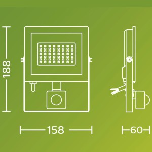 Skizze des schwarzen Philips Outdoor Flutlicht Lois mit Bewegungssensor und Maßangaben.
