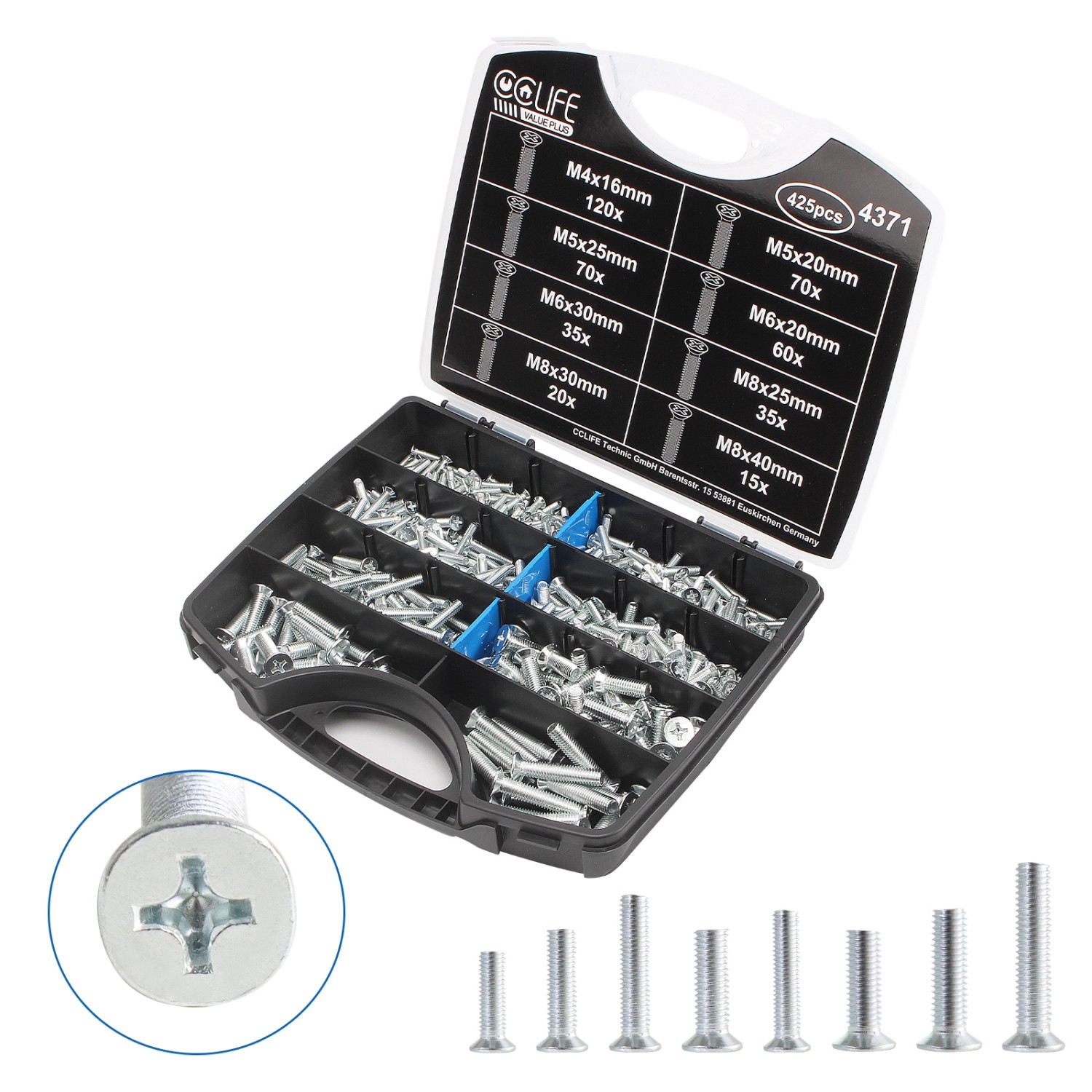 CCLIFE 425tlg Schrauben Set DIN 965 M4 M5 M6 M8 Verzinkt
