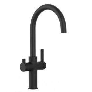 Schwarze VIZIO 3-Wege Küchenarmatur mit schwenkbarem U-Auslauf für Kalt-, Warm- und Filterwasser.