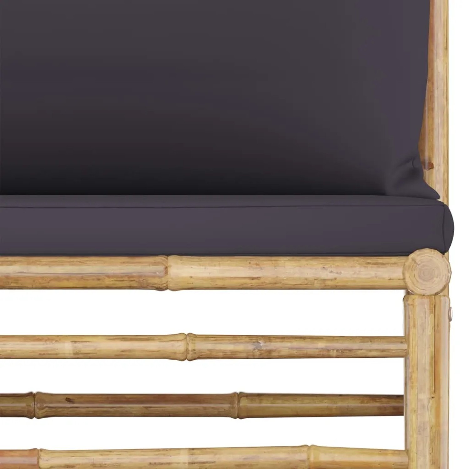 Detailansicht: vidaXL Gartenlounge Set aus Bambus mit dunkelgrauen Kissen.