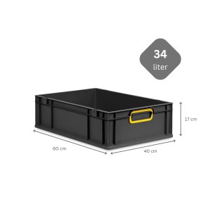 Schwarze PROREGAL Eurobox 34L mit gelben Griffen, eine robuste Aufbewahrungsbox.