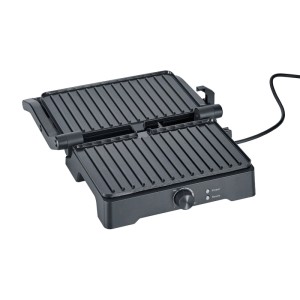Schwarzer Severin Elektrogrill KG 2391 offen mit gerippten XL-Grillplatten. Ideal für Panini, Sandwiches und fettarmes Grillen.