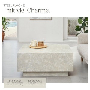 Quadratischer Couchtisch Lasley in Travertinoptik, robust und minimalistisch.