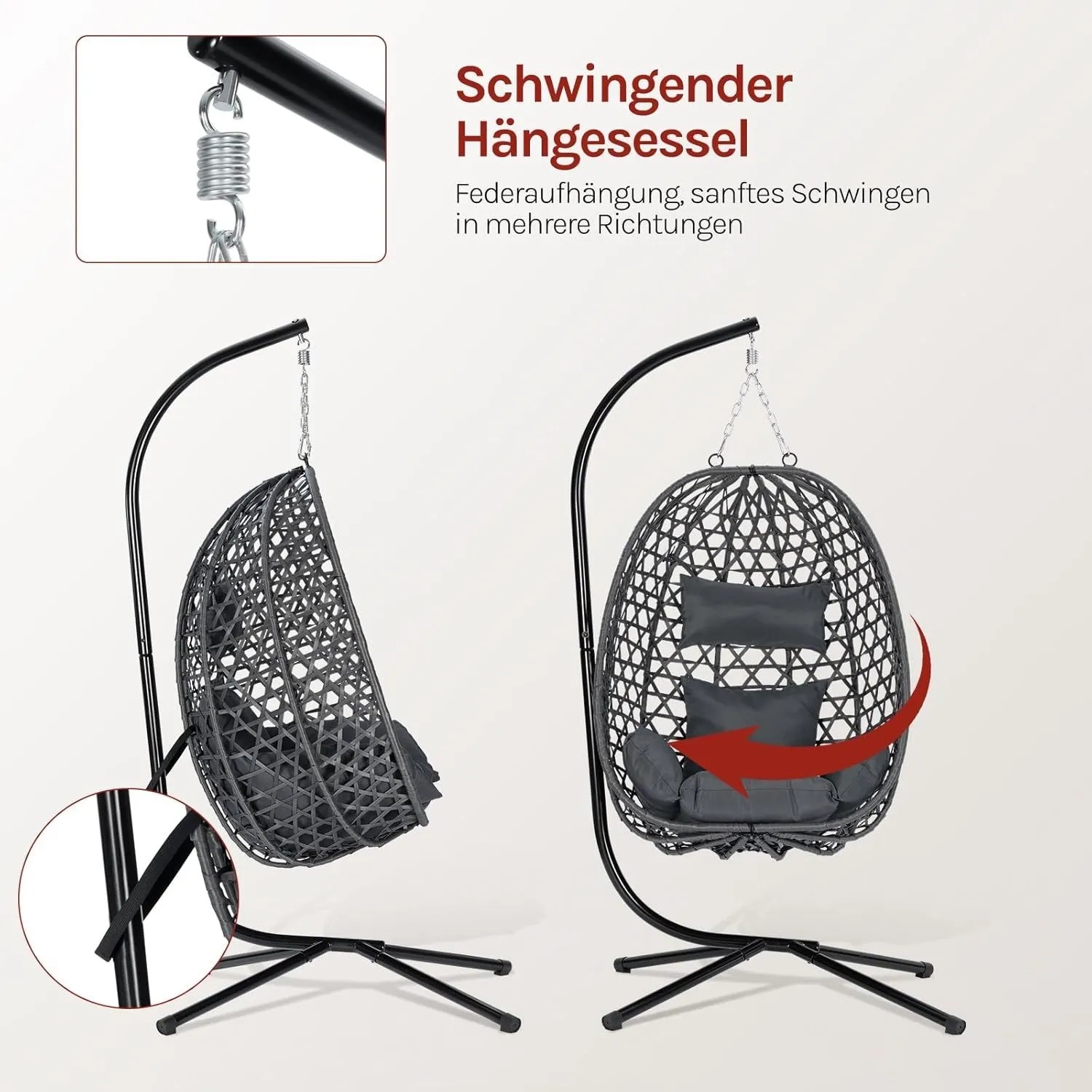 Dunkelgrauer WOLTU Hängesessel mit schwarzem Metallgestell und Kissen. Schwingender Hängestuhl aus PE-Rattan, 150kg belastbar.