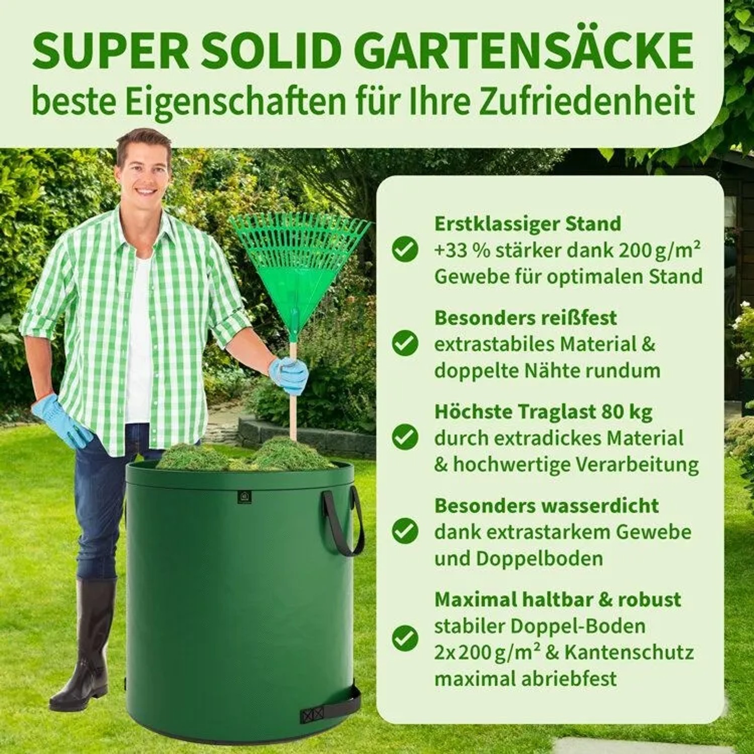 Grüner TTL GARDEN Gartensack (272 L, 200 g/qm) im Garten, gefüllt mit Gras. Mann mit Rechen. Robust für Gartenabfall.