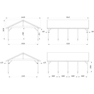 Technische Zeichnung des naturbelassenen Palmako Carport Robert 555x732 cm aus Holz.
