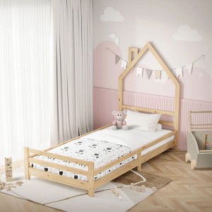 ML-Design Kinderbett in Hausoptik, 90x200 cm, aus massivem Kiefernholz in Natur. Inklusive Lattenrost.