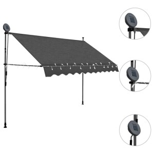 Anthrazitfarbene, handbetriebene Einzieh-Markise, 300 cm breit, mit solarbetriebenen LED-Leuchten.