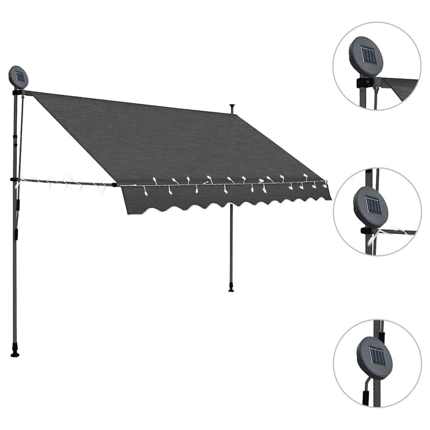 Anthrazitfarbene, handbetriebene Einzieh-Markise, 300 cm breit, mit solarbetriebenen LED-Leuchten.