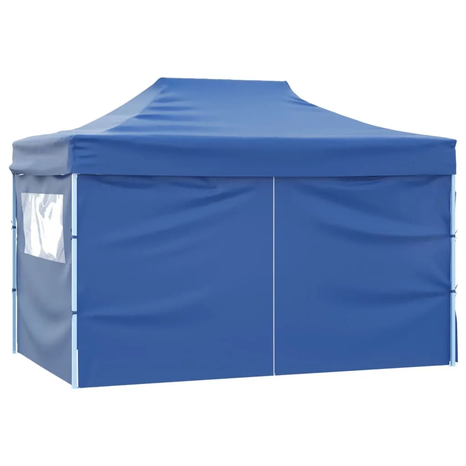Blaues, faltbares Partyzelt 3x4m mit Stahlrahmen und Seitenwänden für Outdoor-Events.