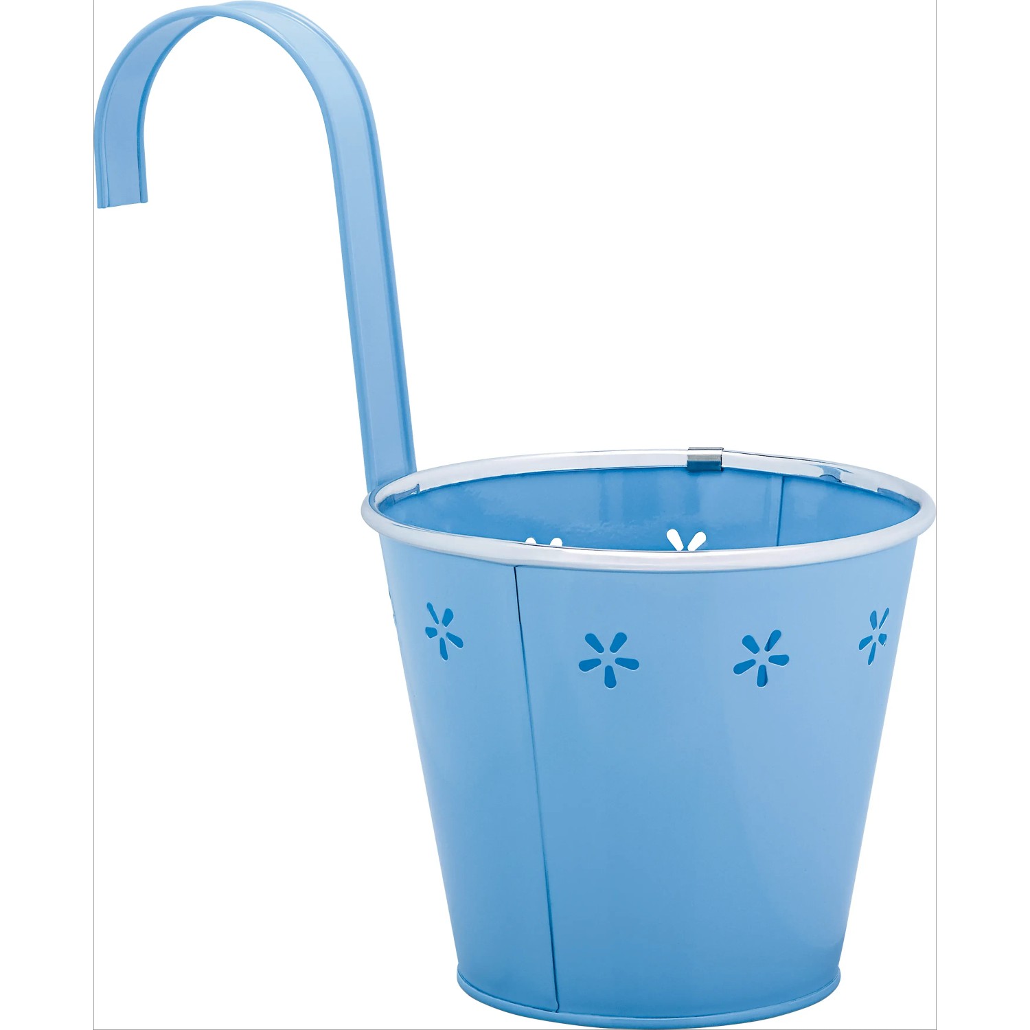 Blauer Hänge-Übertopf aus Metall mit Blumenmuster für Balkon und Terrasse.