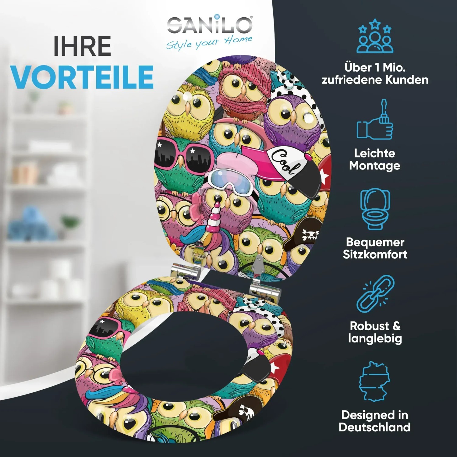 Sanilo WC-Sitz Owl mit Absenkautomatik, Toilettendeckel aus Holz mit Eulen-Motiv.