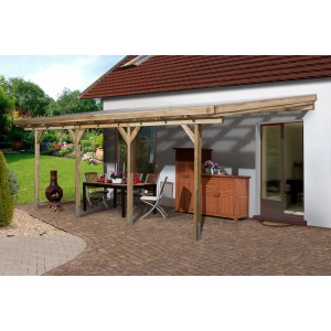 Weka Terrassenüberdachung 704x306 cm aus Holz mit transparentem Dach. Ideal für Garten und Terrasse.