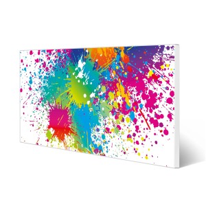 Weiße Magnettafel 78x37cm mit bunten Farbspritzern als Wanddekoration.