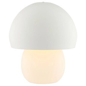 Weiße LED-Tischleuchte Dupis im Pilzdesign. Kabellos aufladbar, mit 3-Stufen Touchdimmer für warmweißes Licht.